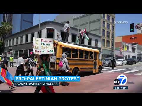 Video: Pro-Palestinian demonstration in DTLA shuts down busy intersection
