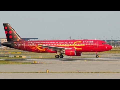 Video:  🇧🇪 Brussels Airlines A320 (OO-SNO) in Red Devils & Red Flames Livery | Takeoff über die 18 | FRA