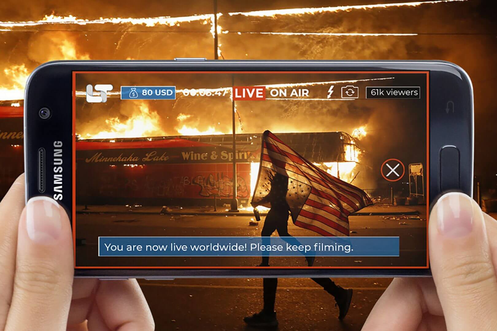 A smartphone screen displays a LiveTube stream of someone walking past a burning building, holding a striped flag. The app shows 61k viewers are watching.