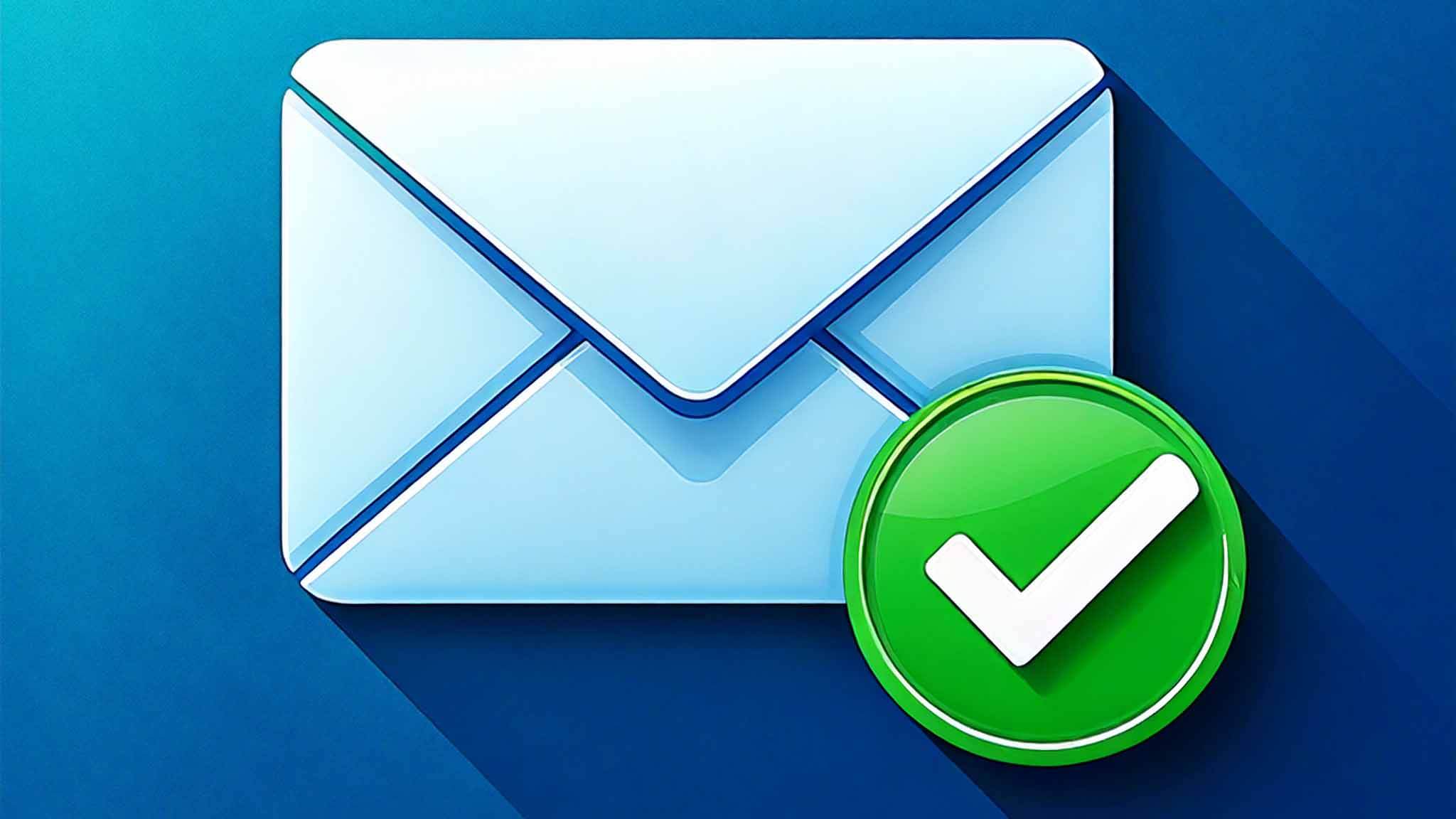 LiveTube - Illustration eines Briefumschlags mit einem grünen Häkchen auf blauem Hintergrund, das die erfolgreiche Überprüfung und Zustellung einer E-Mail symbolisiert.