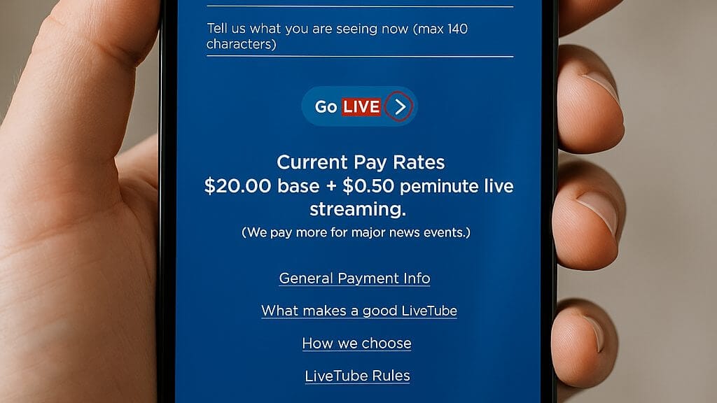 Pay Rates English Screen 16_9 LiveTube - A hand holding a smartphone displays a screen with details about live streaming pay rates, including $20 base and $0.50 per minute.
